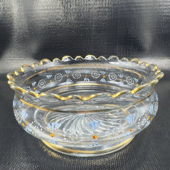 Antique Enameled Paint Large Glass Bowl Dish Gold Painted Edge Manganese 365nm - Picture 16 of 16